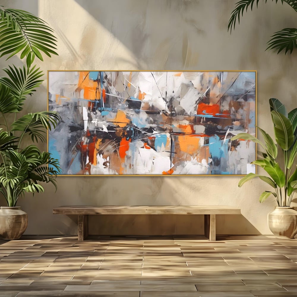 Tablou canvas cu pictura abstracta cu pete portocalii, in rama de aluminiu auriu